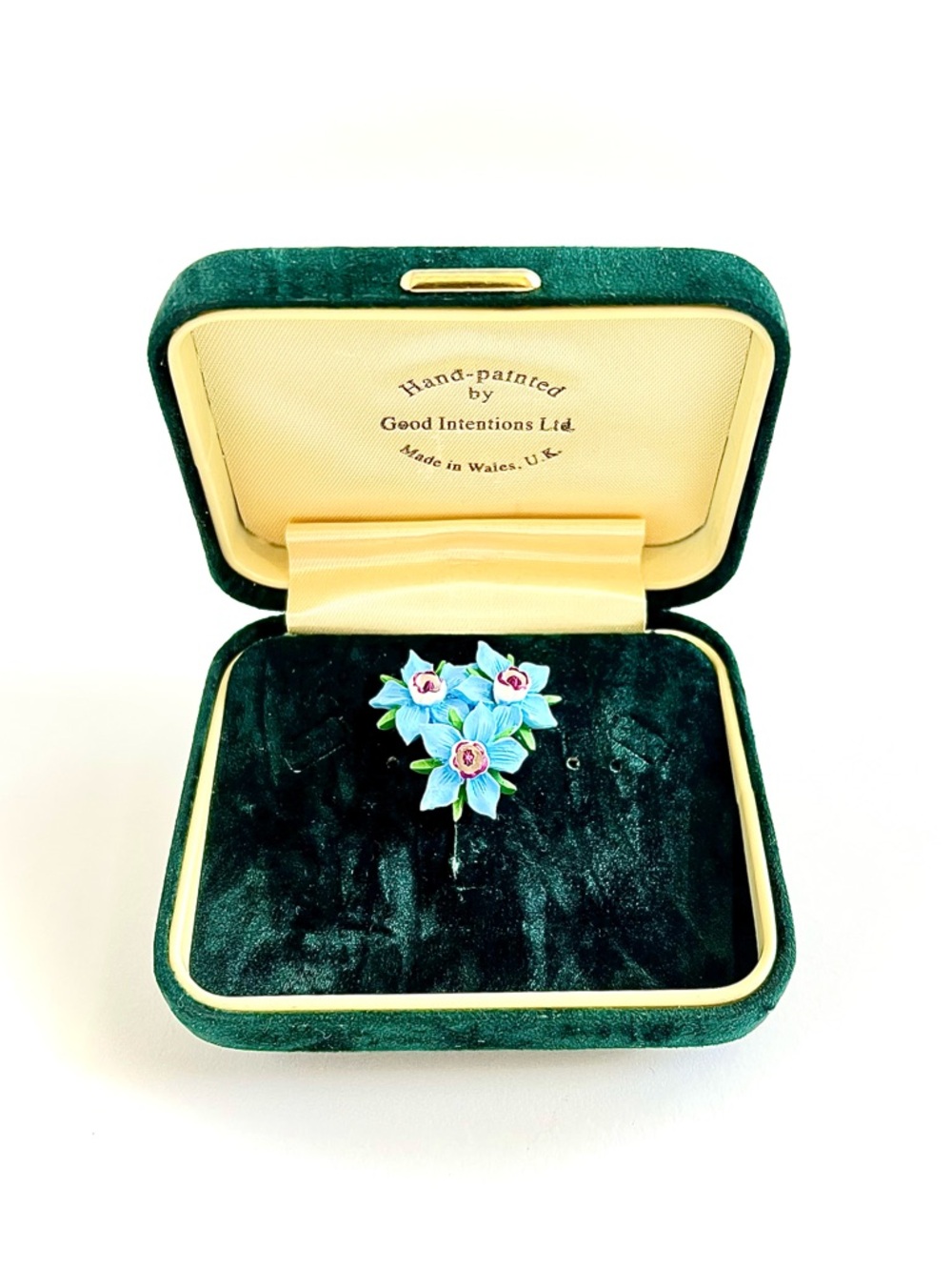 Vintage Hand Painted Blue Floral Art Brooch Wales Pin